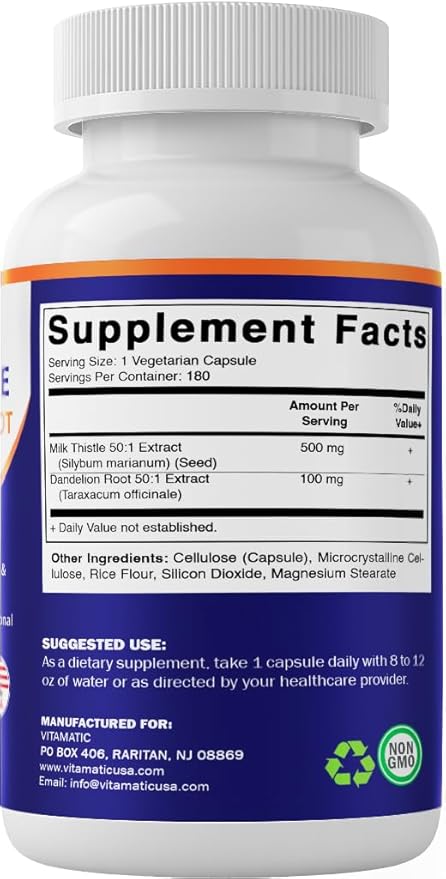 Vitamatic Milk Thistle with Dandelion Root – 50:1 Plant-Based Botanical Extract – Concentrated Herbal Capsules – Vegetarian, Non-GMO, Gluten-Free – 180 Capsules