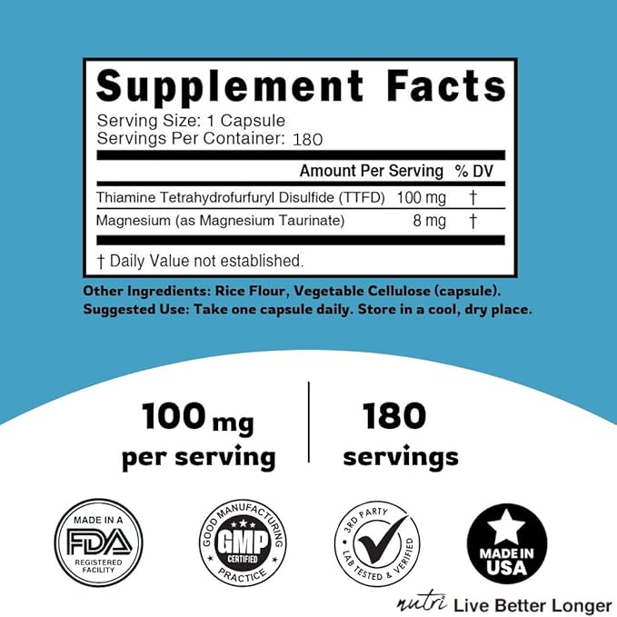 Nutri TTFD Thiamine B1 Supplement - 100mg 180 Servings - Thiamine TTFD Supplement - With 6mg Magnesium - No Toxic Fillers - TTFD Thiamine Tetrahydrofurfuryl Disulfide - Third Party Lab Tested