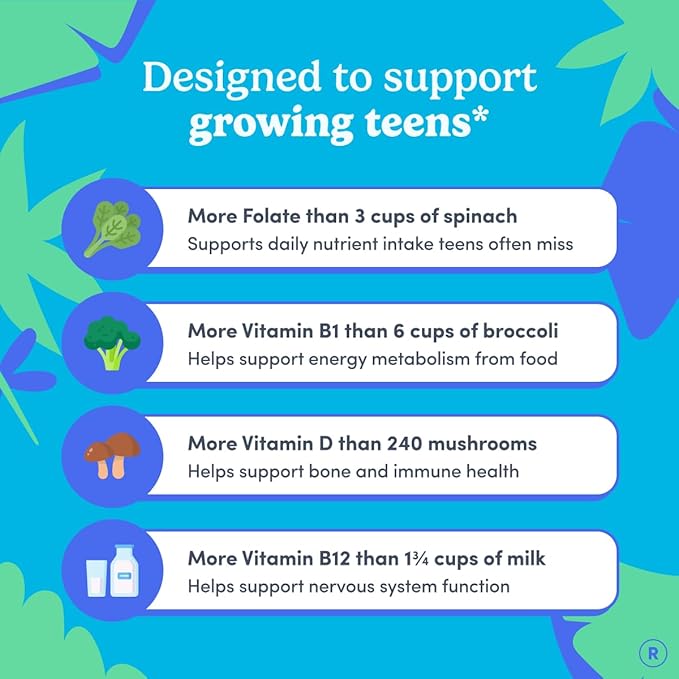 FIRST DAY Vitamins for Teens - Teen Multi Vitamins for Girls & Boys 12-17, Organic Fruit & Veggie Blend - 12 Key Nutrients: Vitamins A, B1, B2, B6, B9, B12, C, D3, E, K2-30 Day Supply