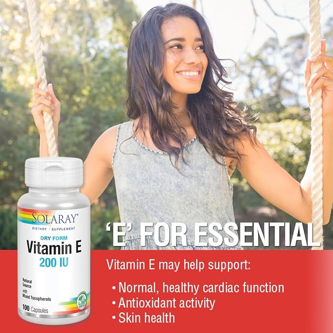 SOLARAY Vitamin E, Dry 200 IU w/Mixed Tocopherols | Healthy Cardiac Function & Skin Health Support | 100ct