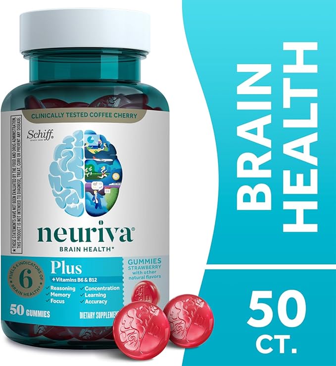 NEURIVA Plus Brain Supplement for Memory, Focus & Concentration + Cognitive Function with Nootropics Phosphatidylserine and Neurofactor, VIT B6 & B12, Strawberry Flavor, 50 Gummies (3 Pack)