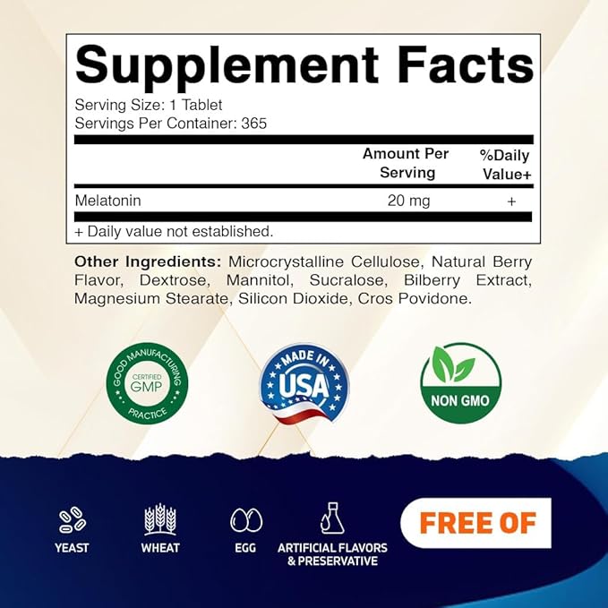 Vitamatic Melatonin 20 mg Tablets | Vegetarian, Non-GMO, Gluten Free | 1 Year Supply | Natural Berry Flavor - 365 Tablets (Pack of 2)