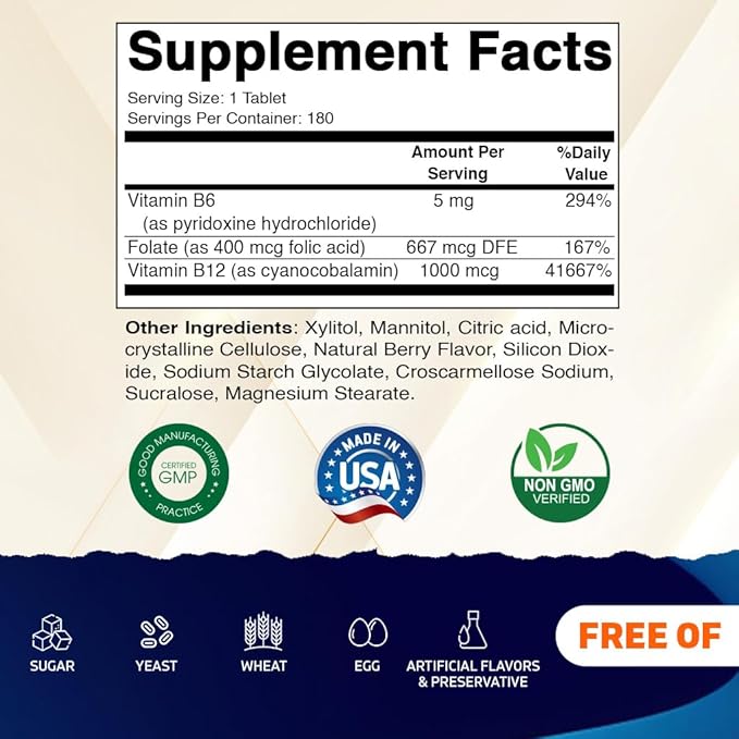 Vitamatic Folic Acid, Vitamin B12 & B6 – 180 Fast Dissolve Tablets Heart Health, Energy Production & Red Blood Cell Support (Pack of 2)