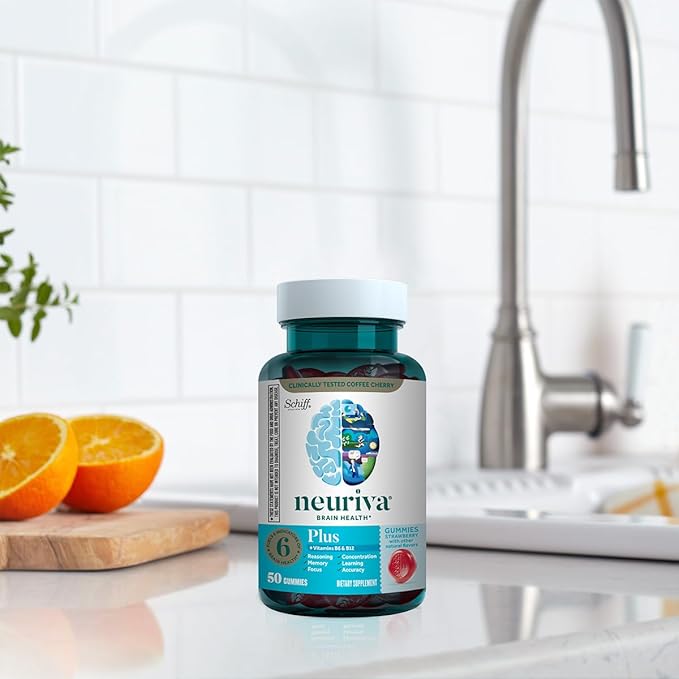 NEURIVA Plus Brain Supplement for Memory, Focus & Concentration + Cognitive Function with Nootropics Phosphatidylserine and Neurofactor, VIT B6 & B12, Strawberry Flavor, 50 Gummies (3 Pack)