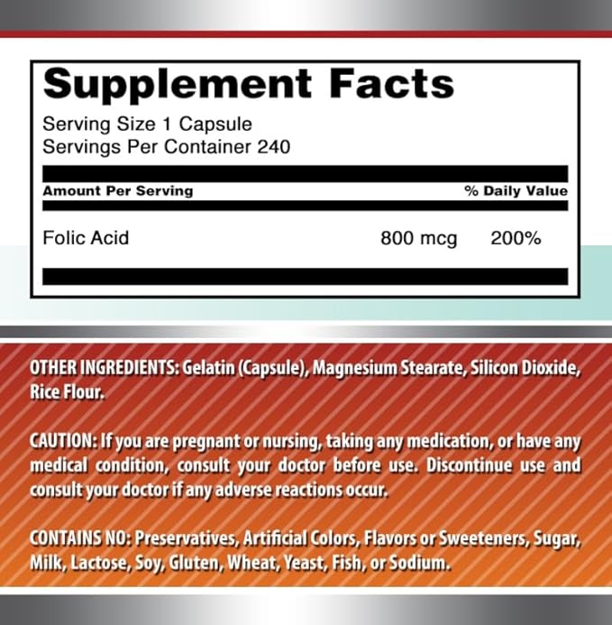 Amazing Formulas Folic Acid (Vitamin B9) 800 Mcg Supplement | Capsules | Non-GMO | Gluten-Free | Made in USA (1 Pack | 240 Count)