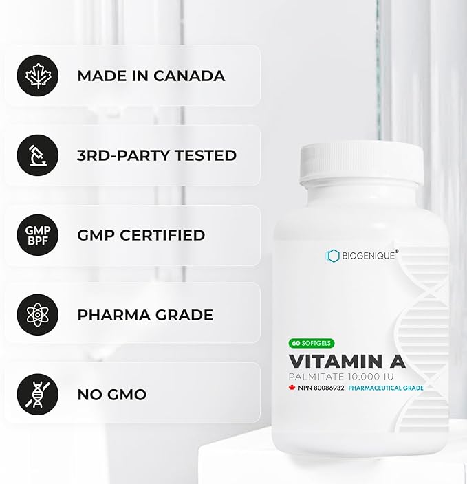 Vitamin A - 60 Softgels 10,000 IU - Helps Support Eye, Skin Health and Immune System - 2 Months Supply Vitamin A Supplement Made in Canada, Non-GMO