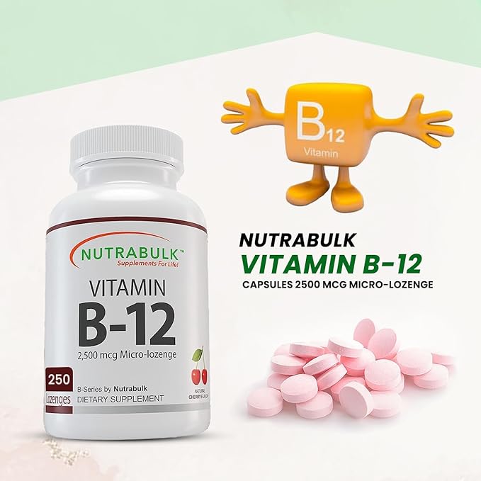 NutraBulk Vitamin B12 2500 mcg Quick Dissolve Lozenges - Cherry Flavored B-12 Sublingual - B12 Vitamins Supplement (as Cyanocobalamin) for Energy & Red Blood Cell Support - Made in USA (250 Count)