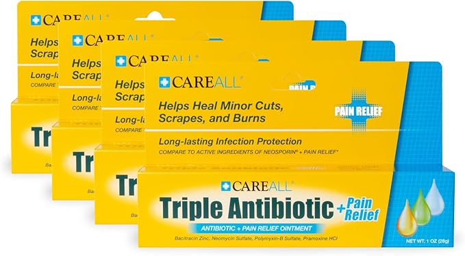 CareAll Triple Antibiotic Ointment + Pain Relief 1.0 oz (4 Pack), Dual Action First Aid for Minor Scrapes, Cuts, and Burns to Help Prevent Infection While Providing Maximum Strength Pain Relief.