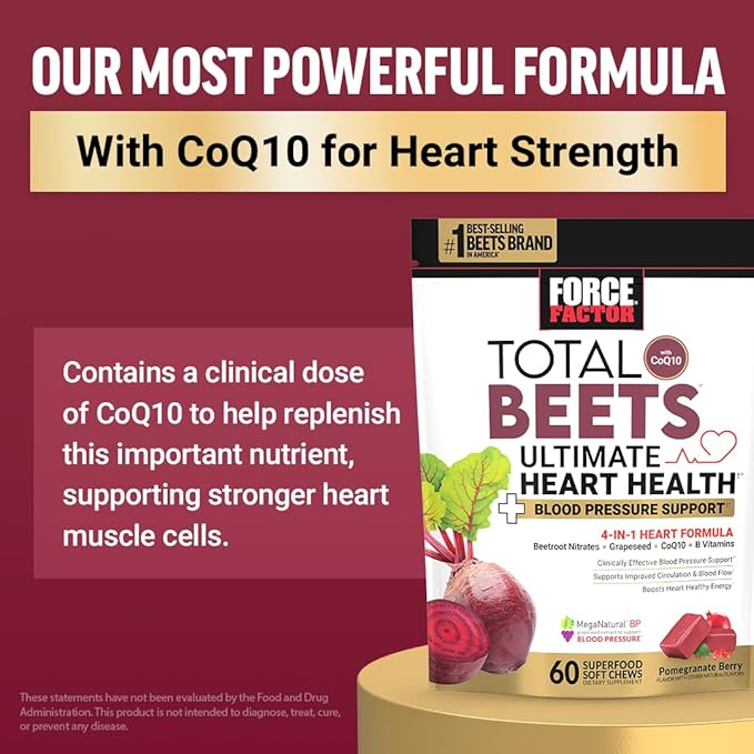 Force Factor Total Beets Blood Pressure Support Supplement with Beets Powder, Great-Tasting Chewables for Heart-Healthy Energy, and Increased Nitric Oxide, 120 Chews, 2-Pack