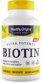 Healthy Origins Biotin 10,000 mcg (10 mg), 360Veggie Capsules - High Potency USP Grade Vitamin B7 Supplement - Supports Healthy Hair Growth, Strong Nails & Glowing Skin - Non-GMO, Vegan & Gluten-Free