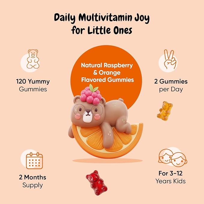 maxmedix Kids Multivitamin Gummies with Omega 3 6 9 | 20 Key Vitamins C, A, D, E, B12 & Zinc - Daily Multivitamin for kids Healthy Immune System, Raspberry & Orange Flavors, 2-Month Supply (120 Count)