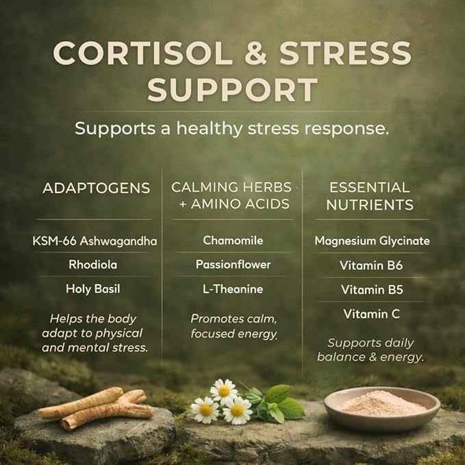 EVEKIND Cortisol+ – Cortisol Supplement for Women | Stress Support | Calm Mood, Focus & Steady Energy | KSM-66® Ashwagandha, Rhodiola, L-Theanine, Magnesium Glycinate | 60 Capsules