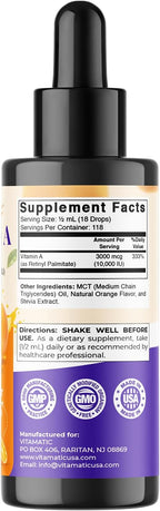 Vitamatic Sugar Free Vitamin A Liquid Drops 10000 IU (3000 mcg) as Retinyl Palmitate - Approximate 4 Months Supply - Immune Support, Eye Health, Skin Health - 2 FL OZ (59 ml) (2 Packs)