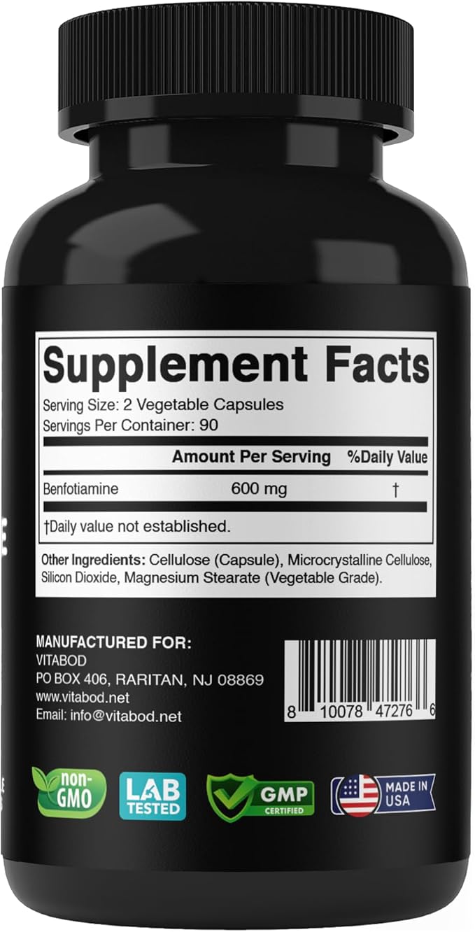 Vitabod Benfotiamine 600mg – 180 Vegetarian Capsules – Fat-Soluble Vitamin B1 Supplement