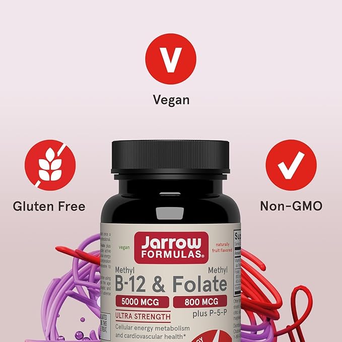 Jarrow Formulas Methyl B-12 & Methyl Folate, Bioactive Vitamin B9 and Vitamin B12 Supplement, Healthy Brain Function & Metabolism, 60 Chewable Tablets, 60 Servings (Pack of 2)