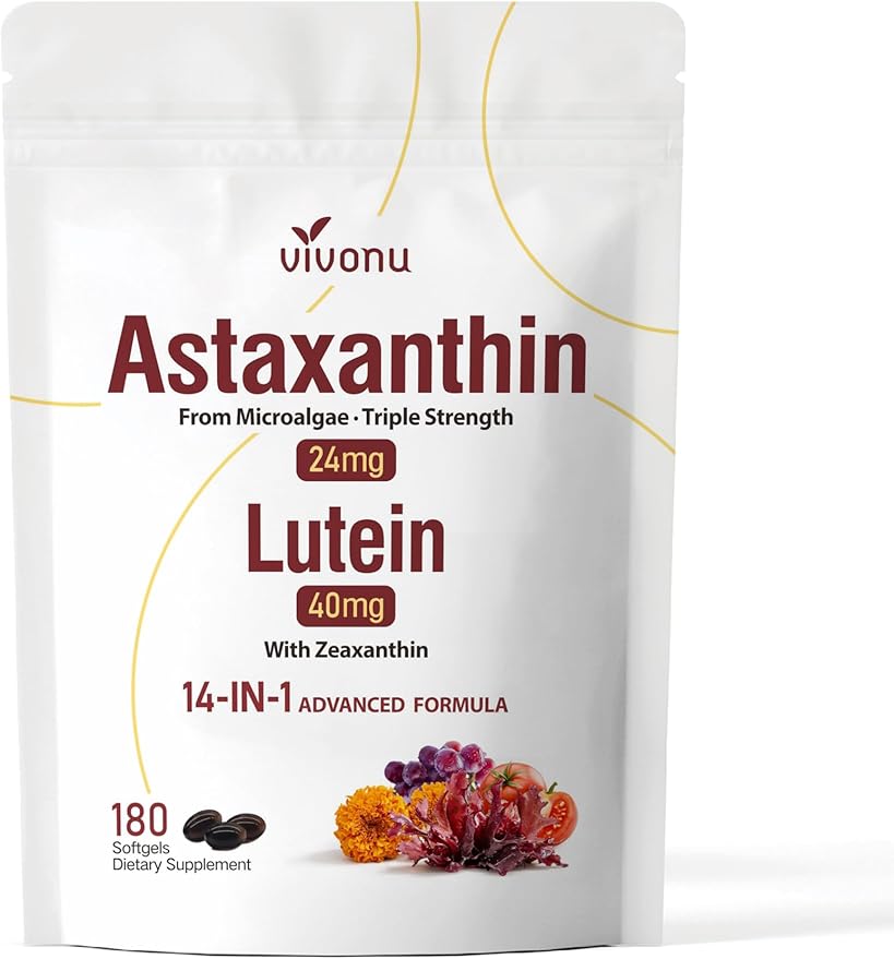 VivoNu 14-in-1 Astaxanthin 24mg & Lutein 40mg with Zeaxanthin Supplements, 12 Month Supply, 360 Softgels, 2 Bag