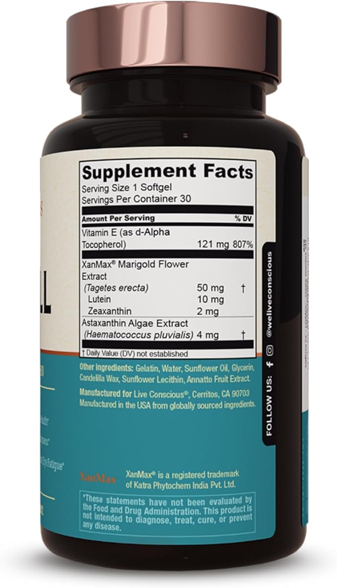 Live Conscious Eye Vitamins Select AREDS 2 Ingredients with Vitamin E, Lutein, and Astaxanthin - OptiWell Eye Health Supplement and Blue Light Support (2 Pack)