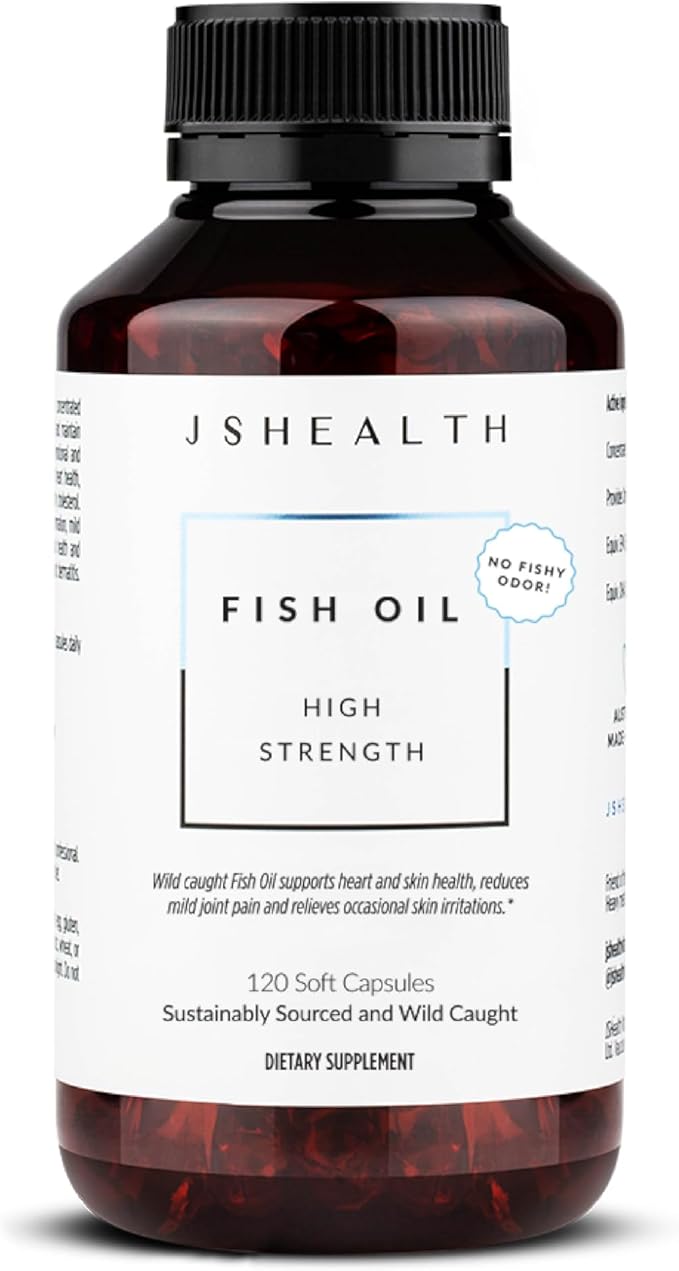 JSHealth High Strength Fish Oil. 900mg Omega-3 per Capsule with 540mg EPA and 360mg DHA. Wild-Caught, Friend of the Sea Certified, Vanilla Coated. No Fishy Aftertaste (120 Capsules)
