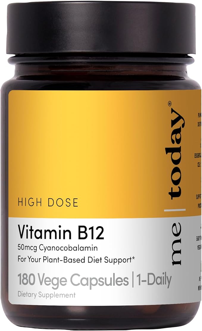 me today High-Dose Vitamin B12 50mcg Supplement - Energy Support Capsules - Cyanocobalamin for Vegan Plant-Based Diets - Red Blood Cell Formation - 180 Servings