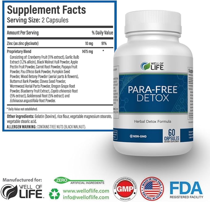 Well of Life para-Free Detox: Immune Support & Natural Detox Blend with Zinc, Black Walnut, Wormwood, Goldenseal, Cranberry & Garlic. Synergistic Formula for Overall Wellness: 90 V Capsules