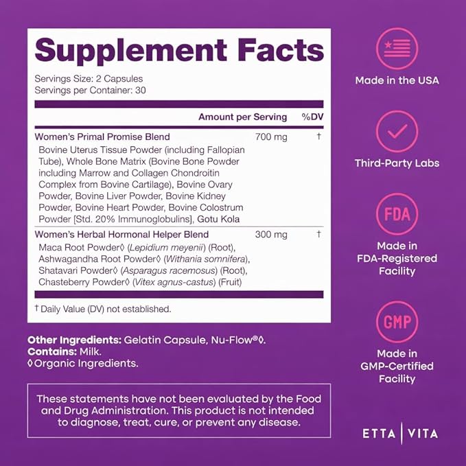 Primal Beef Organ Supplement for Women (Made in USA) Boosted w Shatavari, Maca, Ashwagandha, and Chasteberry - Grass Fed Uterus, Ovary, Liver, Kidney, Heart Bone Matrix, Gotu Kola and Queen Colostrum