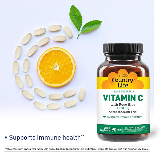 Country Life Vitamin C 1000mg with Rose Hips – Time Release Immune Support Supplement – Antioxidant Protection – Vegan, Gluten-Free, Preservative-Free – 90 Tablets