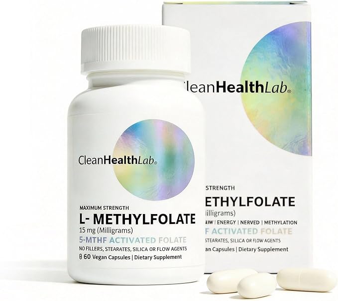 CleanHealthLab L-Methylfolate 15mg, 5-MTHF Active Folate - Maximum Potency Methylated Vitamin B9 Supplement - Support for Brain Health, Energy, Nerves, and Methylation with No Fillers (60 Count)