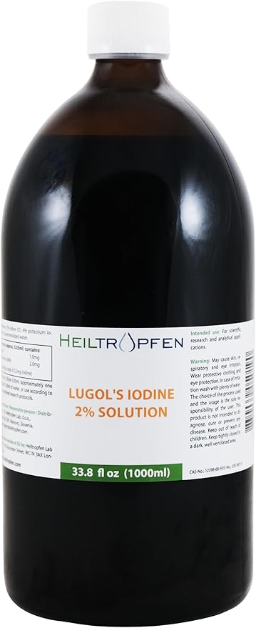 2% Lugols Iodine Solution | 33.8 Fl Oz - 1000 ml | Third-Party Tested | Pharma Grade Ingredients | Made with 2 Percent Iodine and 4% Potassium Iodide | Glass Bottle | Lugol's Solution | Heiltropfen®