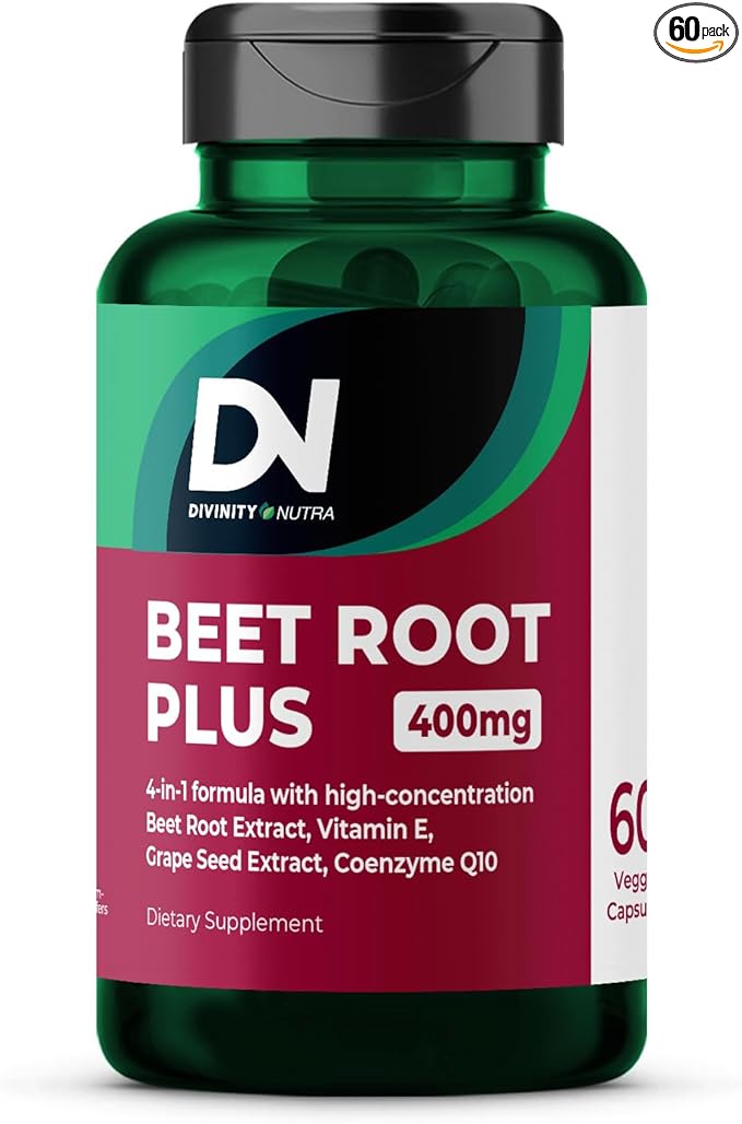 Divinity Nutra Organic Beet Root Capsules with CoQ10, Vitamin E, Grape Seed, Non-GMO,USA Made - 60 Capsules, 60-Day Supply