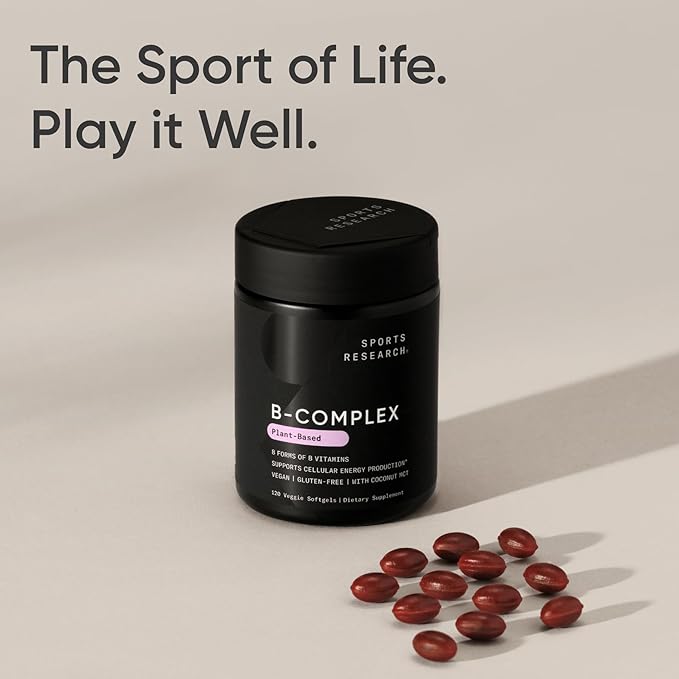 Sports Research® Vitamin B-Complex - Full Spectrum of B Vitamins with Methylated B12 & Folate - Gluten Free · Plant-Based · Non-GMO · Vegan-Friendly Formula - 120 Veggie Softgels