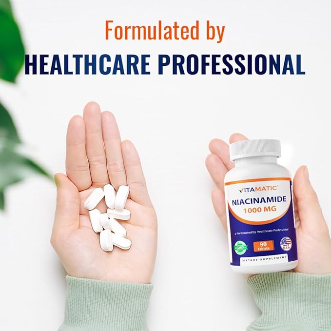 Vitamatic Niacinamide 1000 mg 90 Tablets - Flush Free Vitamin B3 - Supports Energy Production (Pack of 2)