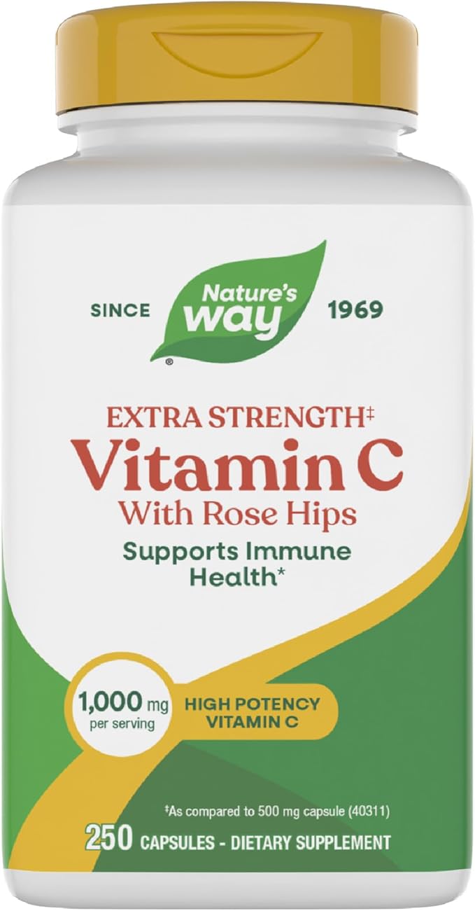 Nature's Way Extra Strength(1) Vitamin C with Rose Hips, Supports Immune Health*, Collagen Production*, High Potency Vitamin C, 250 Capsules (Packaging May Vary)
