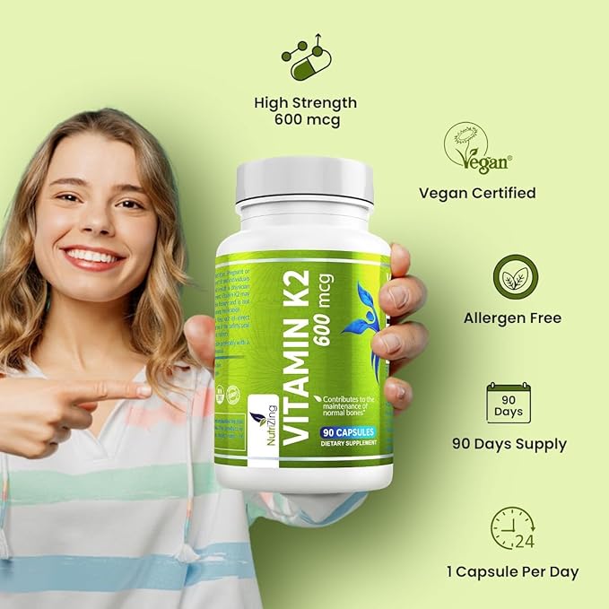 NutriZing K2 Vitamin Supplement MK-7 - High Strength 600mcg - Supports Bone & Arterial Health - 90 Vegan Capsules - Vitamin K2 for Men & Women - 3 Month Supply
