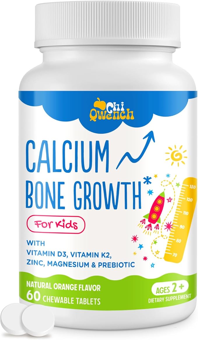 ChiQwench 500 MG Calcium Supplement with Vitamin D3 & K2, Zinc, Magnesium & Prebiotics. Kids Vitamins for Kids' Height. Bone Strength, High Absorption, Orange Chewables, Non-GMO, Gluten Free, 60 Tabs