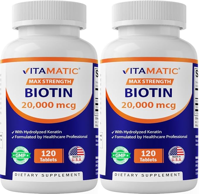 Vitamatic High Potency Biotin 20000 mcg (20mg) with Keratin 100mg - 120 Tablets - Biotin Supplements for Healthy Hair Skin & Nails for Adults (120 Count (Pack of 2))