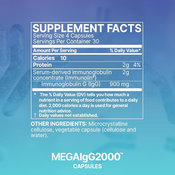 Microbiome Labs Mega IgG2000 Capsules - Dairy Free Bovine Colostrum Supplement Alternative - Immunoglobulin Supplement from Bovine Serum to Support Digestive Health (120 Capsules)