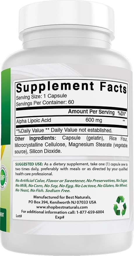 Best Naturals Alpha Lipoic Acid 600 mg 60 Capsules - ALA Powerful Antioxidant (60 Count (Pack of 1))