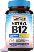 Vitamin B12 5000 mcg, Sublingual Methylcobalamin, Natural Peach Flavor, Nervous System Health, Energy Support, No Sugar, 300 Fast Dissolve Tablets