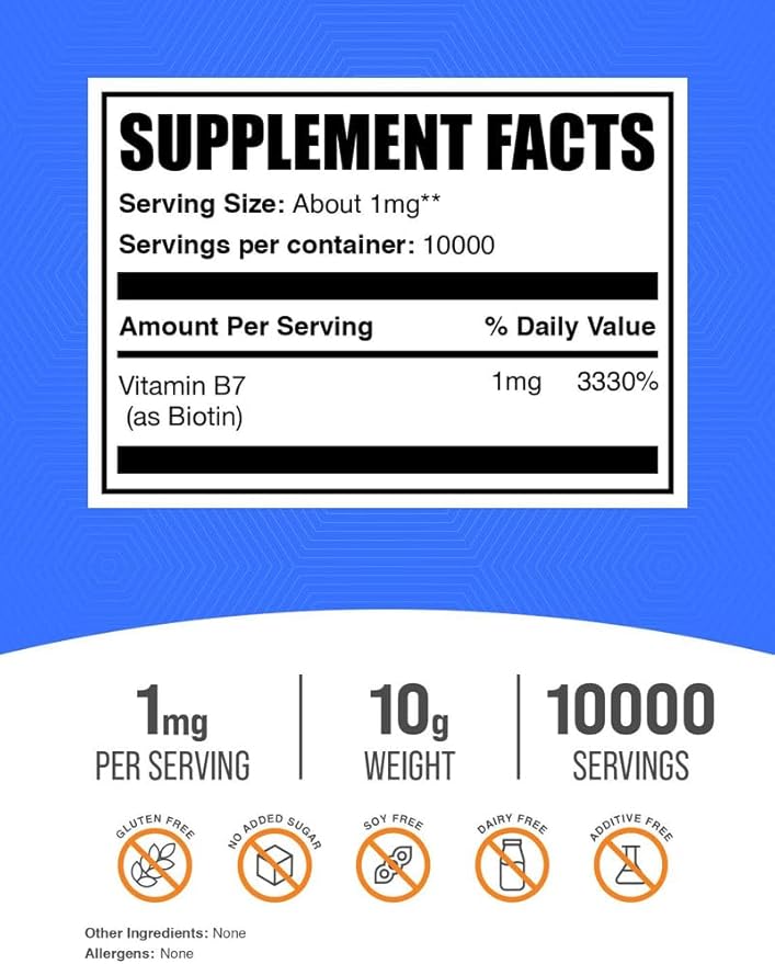 BulkSupplements.com Pure Biotin Powder - as Vitamin B7, Biotin Vitamins for Hair, Skin and Nails - Gluten Free, 1mg per Serving, 10g (0.35 oz) (Pack of 1)