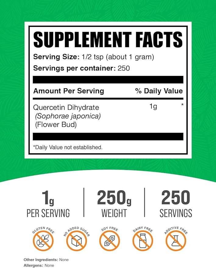 BulkSupplements.com Quercetin Dihydrate Powder - Quercetin Supplements, Antioxidants Source - Vegan & Gluten Free, 1g per Serving, 250g (8.8 oz) (Pack of 1)