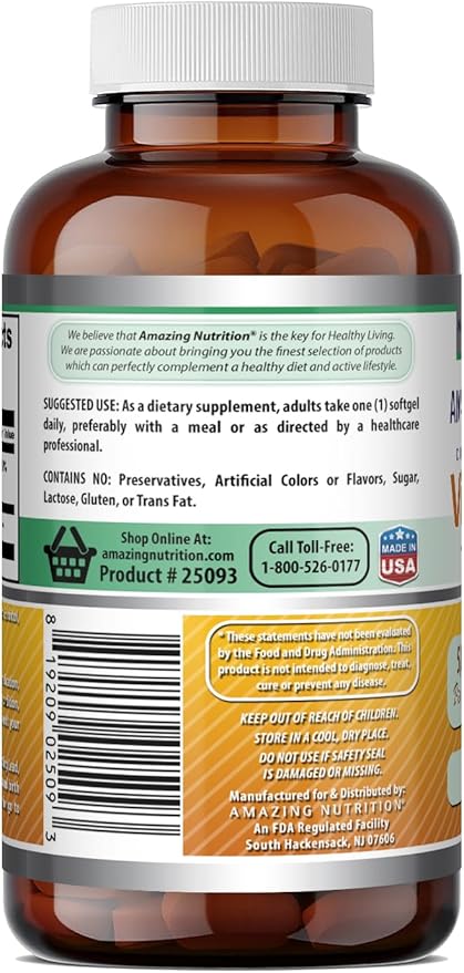 Amazing Formulas  Vitamin D3 with Coconut Oil Supplement |  5000  IU Per Serving | 180 Softgels | Non-GMO | Gluten Free | Made in USA