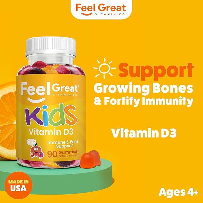 Feel Great Kids Vitamin D3 1000 IU Gummies (2-Pack) | Kids Vitamin D Gummies for Healthy Bones, Mood, & Immune Support | Citrus Flavored Vegetarian D3