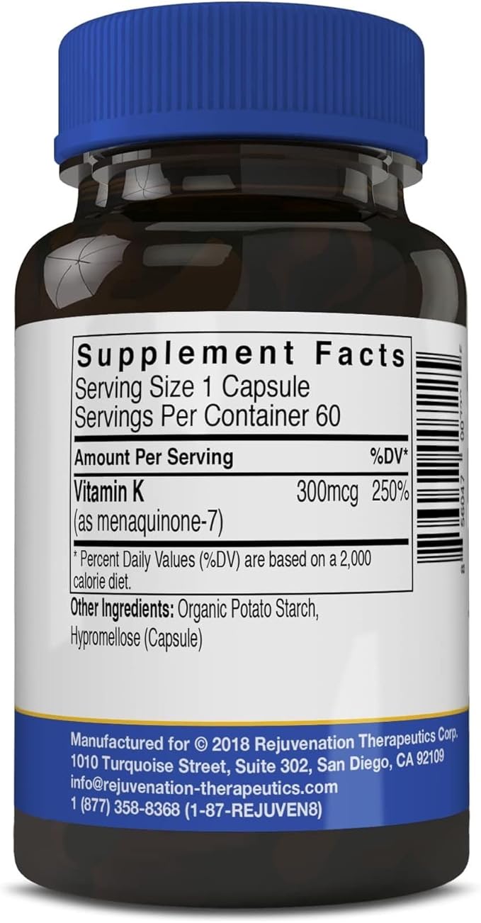 Rejuvenation Therapeutics Vitamin K2 MK-7 | 60-Day Supply, High Potency (300mcg) | Easy to Swallow Vegetarian Capsules
