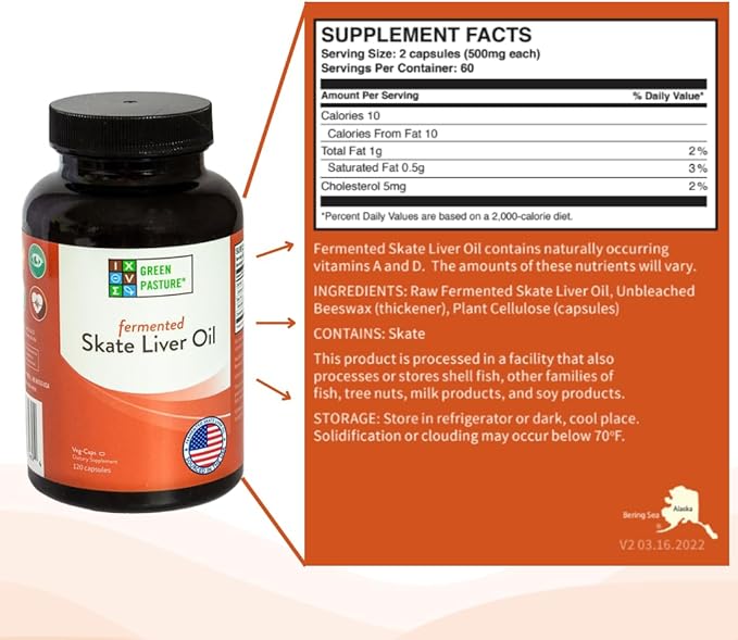 Green Pasture Fermented Skate Liver Oil Capsules - Wild Caught, Omega-3 Supplement, Vitamins A & D, EPA/DHA, Non-Gelatin 120 Count