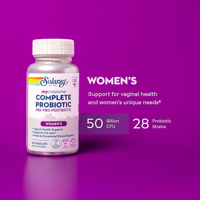 SOLARAY Mycrobiome Complete Probiotic Women’s Formula - Vaginal Probiotics for Women Plus Pre and Postbiotic - 50 Billion CFU, 28 Strains - Vegan, Gluten Free - 30 Serv, 30 VegCaps