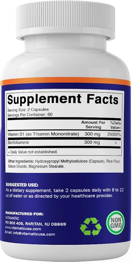Vitamatic Benfotiamine 300mg + Vitamin B1 300 mg - 120 Vegetable Capsules - Made in the USA - Gluten Free - Non-GMO
