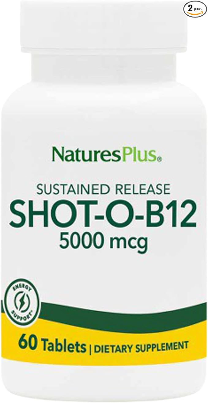 NaturesPlus Shot-O-B12 5000 mcg - 60 Sustained Release Tablets, Pack of 2 - Supports Energy Production & Mood - Vegetarian, Gluten Free - 120 Total Servings