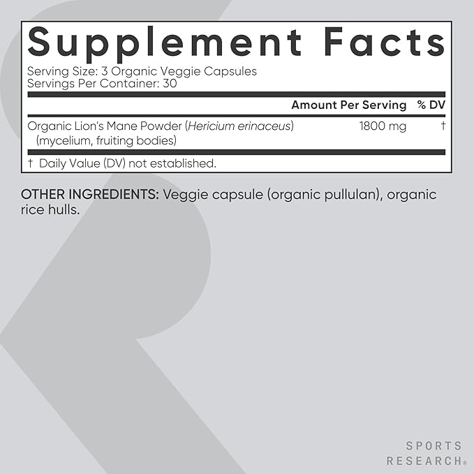 Sports Research® Organic Lion's Mane Mushroom Supplement 1800mg - Brain Health, Focus & Cognitive Supports - USDA Certified Organic · Non-GMO · Vegan - 90 Count Capsules