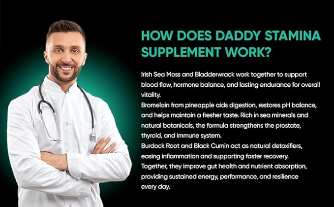 Daddy Stamina Sea Moss Can with 120 Capsules - Pure Seaweed Supplement for Energy and Skin Health, Ultimate Anti-Aging Natural Supplement for Men