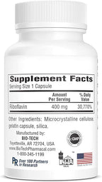 Bio-Tech Pharmacal B2-400, 100 Capsules – All-Natural Supplement – Supports Clarity and Productivity – No Dairy, Fish, Gluten, Peanut, Shellfish, GMOS, & Soy – No Artificial Colors